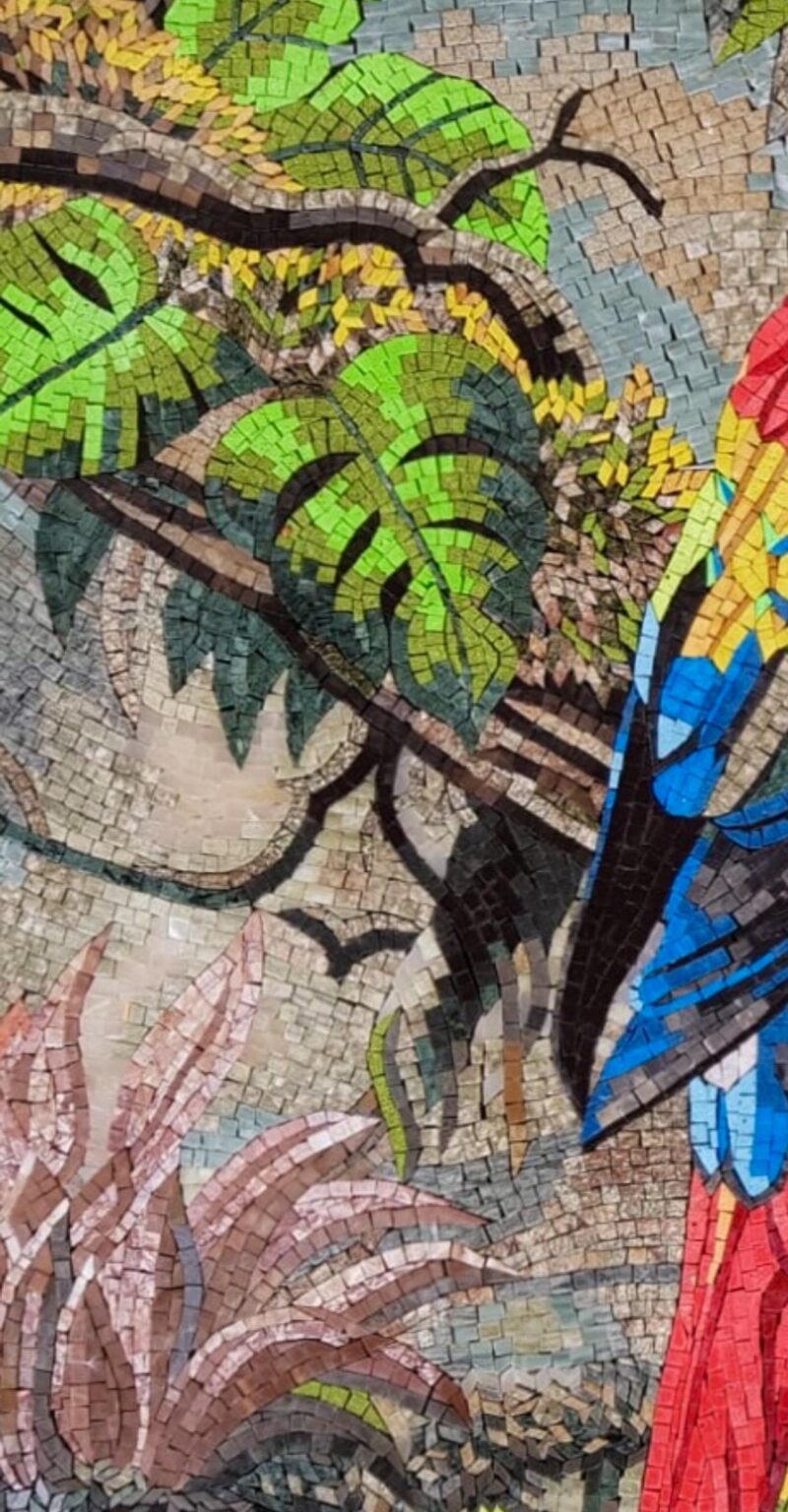 Handmade Parrot Mosaic Wall Art - Tropical Macaw Birds in Jungle | Colorful Stone & Marble Mosaic | Exotic Nature-Inspired Decor | Any Size - Image 3
