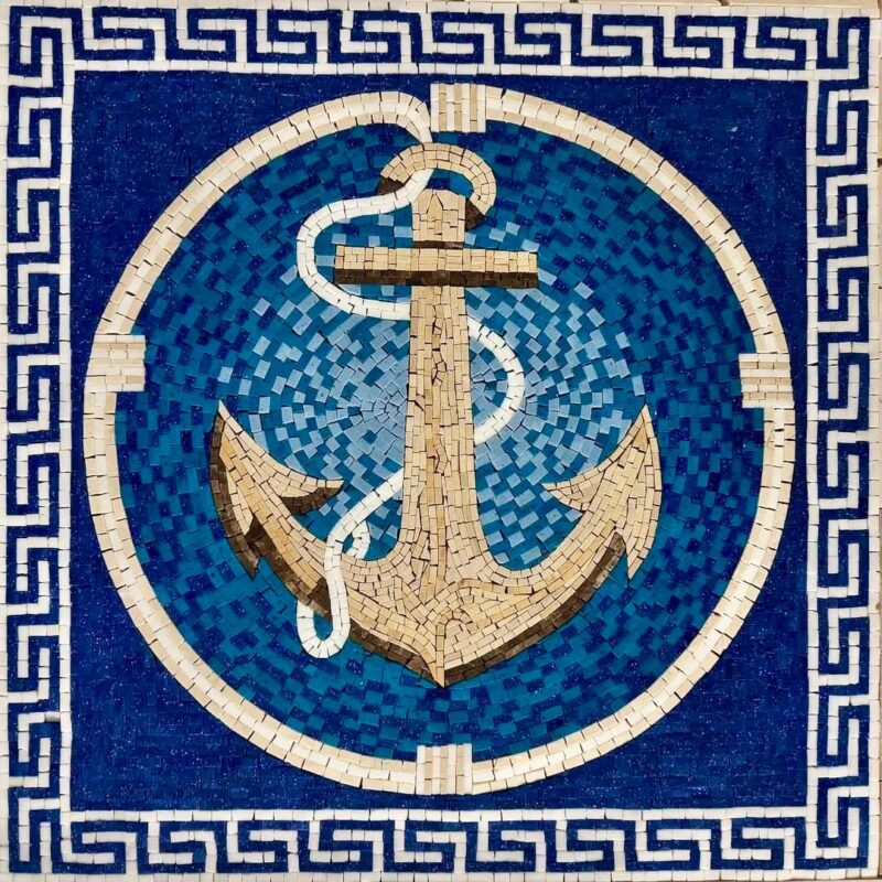 BLUE ANCHOR MEDALLION - Handmade Mosaic Art - Floor Mosaic Tiles - Home Decoration - Mosaic Tile Art - Custom Sizes - Unique Artwork Inlay