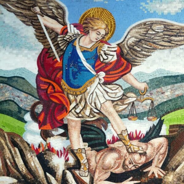 Saint Michael Mosaic - Religious Handmade Wall Art - Stone & Smalti - Home Decoration - Archangel Defeating Evil - Custom Sizes available
