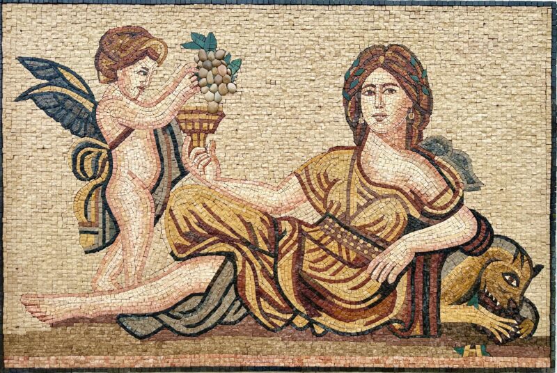 Handmade Stone Mosaic Wall Art - Ancient Roman Goddess & Cherub - Luxury Classical Artwork - Custom Sizes - Indoor/Outdoor Home Decor