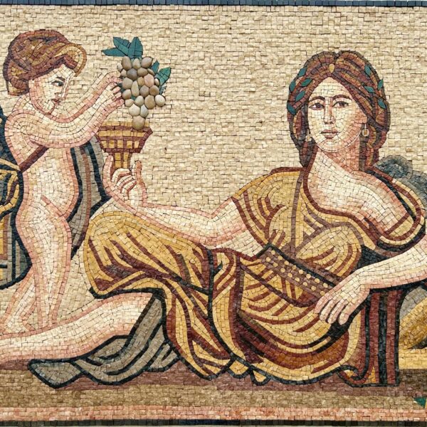 Handmade Stone Mosaic Wall Art - Ancient Roman Goddess & Cherub - Luxury Classical Artwork - Custom Sizes - Indoor/Outdoor Home Decor