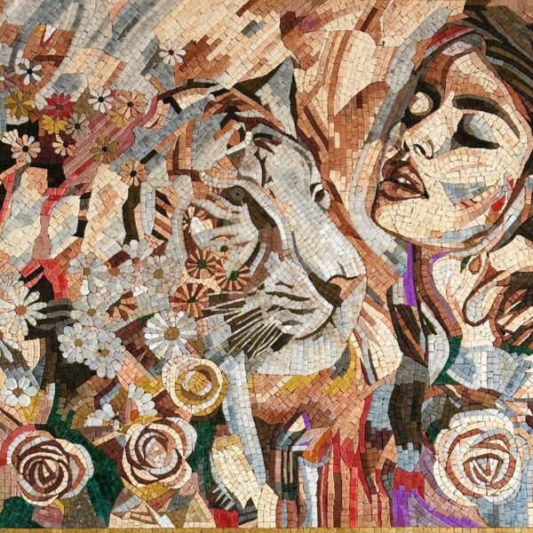 Handmade Stone Mosaic Wall Art - Woman and Tiger with Flowers - Contemporary Luxury Artwork - Unique Home Decoration - Different Sizes