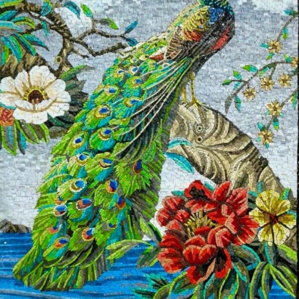 Peacock & Magnolia Mosaic - Handmade Natural Stone and Marble Wall Art - Luxury Bird Artwork - Indoor/Outdoor - Vibrant Colors - Mosaic Tile