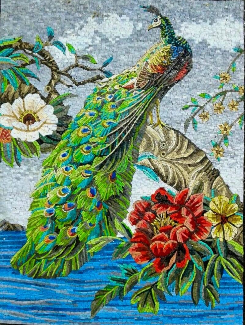 Peacock & Magnolia Mosaic - Handmade Natural Stone and Marble Wall Art - Luxury Bird Artwork - Indoor/Outdoor - Vibrant Colors - Mosaic Tile