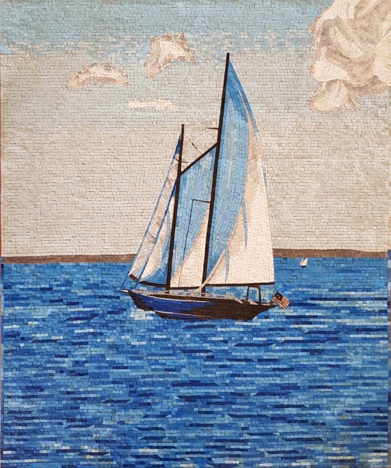 Open Sea Sailboat - Handmade Mosaic Wall Art - Mosaic Tiles - Stone & Smalti - Home Decoration - Nautical Coastal Decor - Custom Sizes