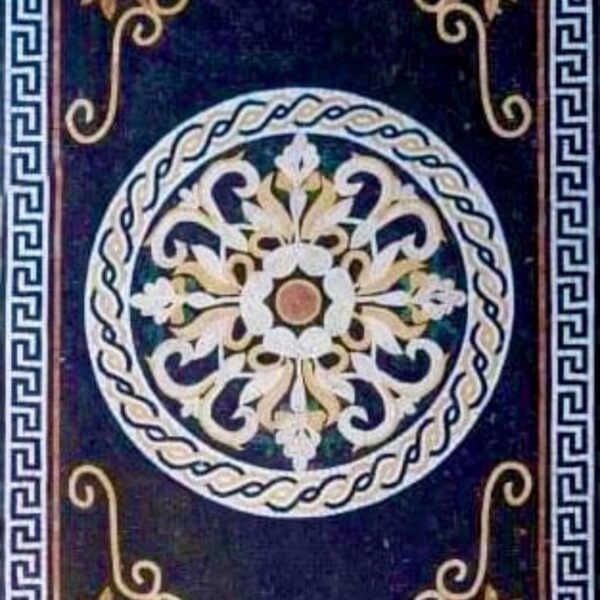 Handmade Stone Mosaic Medallion - Classic Floral Design with Greek Key Border - Mosaic Rug - Luxury Floor Art - Entrance Decor - Any Size