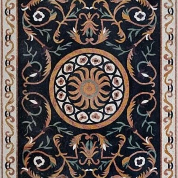 Handmade Stone Mosaic Rug - Ornate Sunburst Floral Design with Elegant Border - Mosaic Art - Luxury Floor Art - Entrance Decor - Any Size