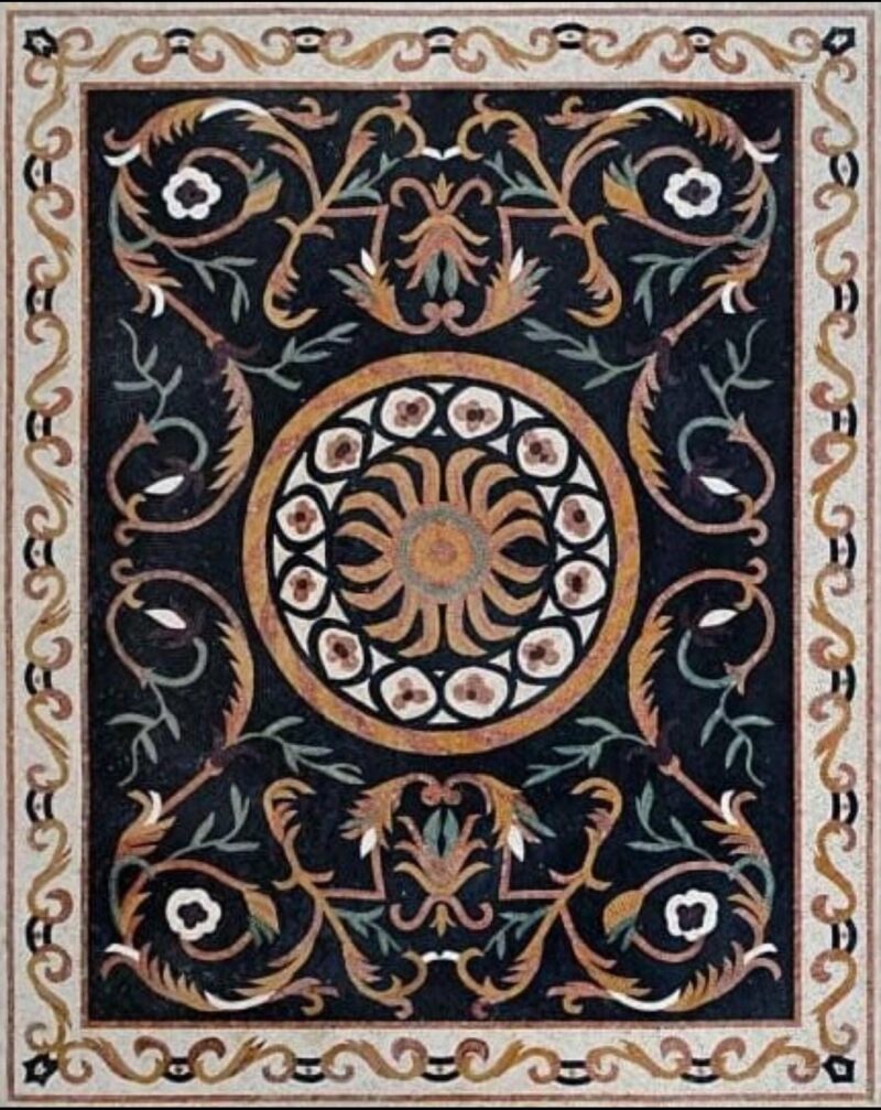 Handmade Stone Mosaic Rug - Ornate Sunburst Floral Design with Elegant Border - Mosaic Art - Luxury Floor Art - Entrance Decor - Any Size