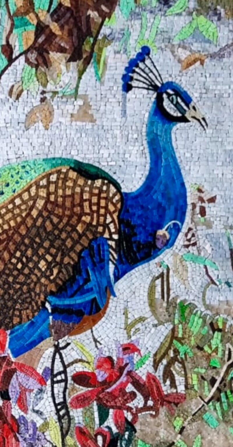 Peacock In Blooming Flowers Mosaic - Handcrafted Natural Stone - Marble Wall Art - Luxury Bird Artwork - Indoor/Outdoor - Vibrant Colors - Image 7