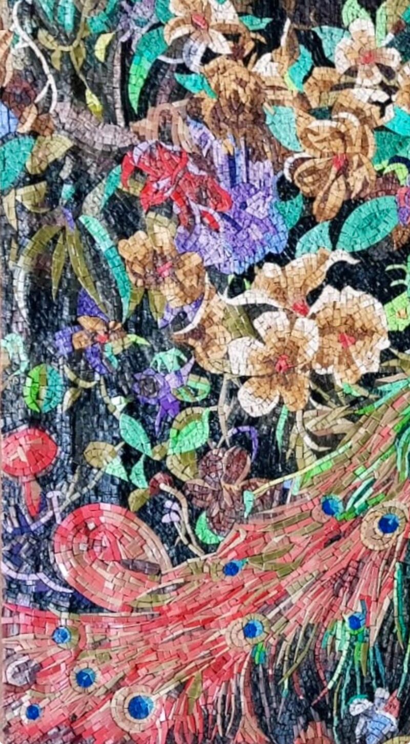 Peacock In Blooming Flowers Mosaic - Handcrafted Natural Stone - Marble Wall Art - Luxury Bird Artwork - Indoor/Outdoor - Vibrant Colors - Image 5