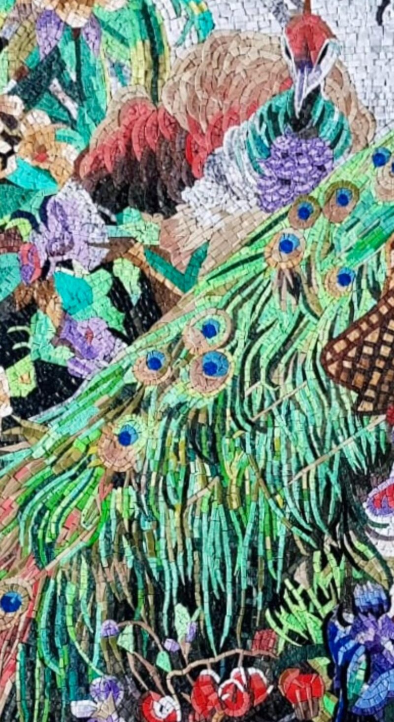 Peacock In Blooming Flowers Mosaic - Handcrafted Natural Stone - Marble Wall Art - Luxury Bird Artwork - Indoor/Outdoor - Vibrant Colors - Image 6