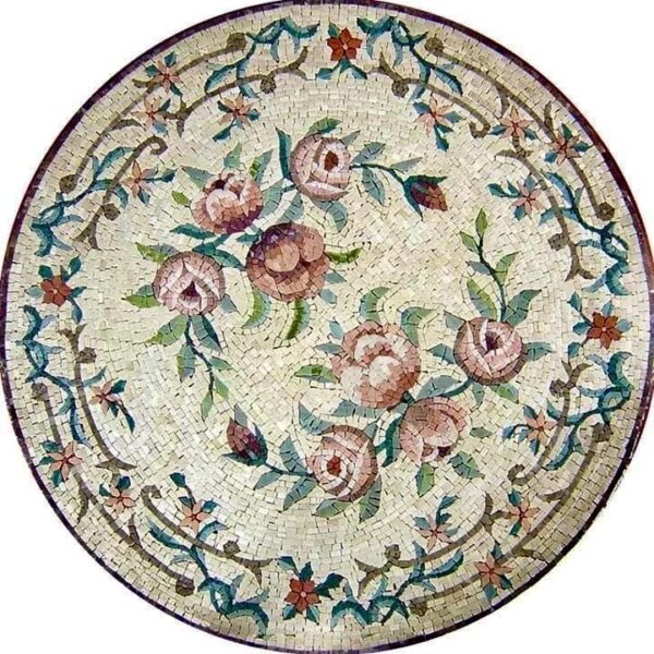 ROSES MEDALLION ART - Handmade Mosaic - Floor Mosaic Decor - Entry Hall Decoration - Custom Sizes - Elegant & Unique Design - Marble