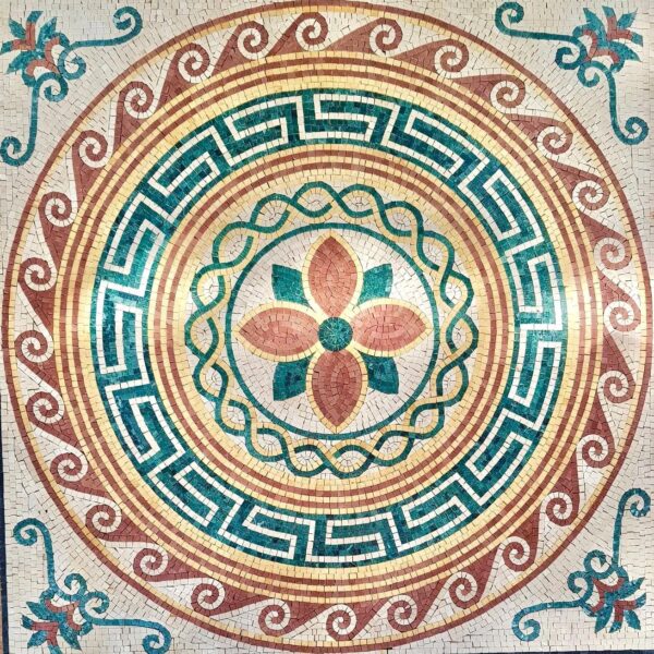 Geometric Marble Medallion - Natural Stone - Floral Mosaic Tile Art - Home Decoration - Stone Mosaic Accent - Custom Size - Entry Hall Inlay