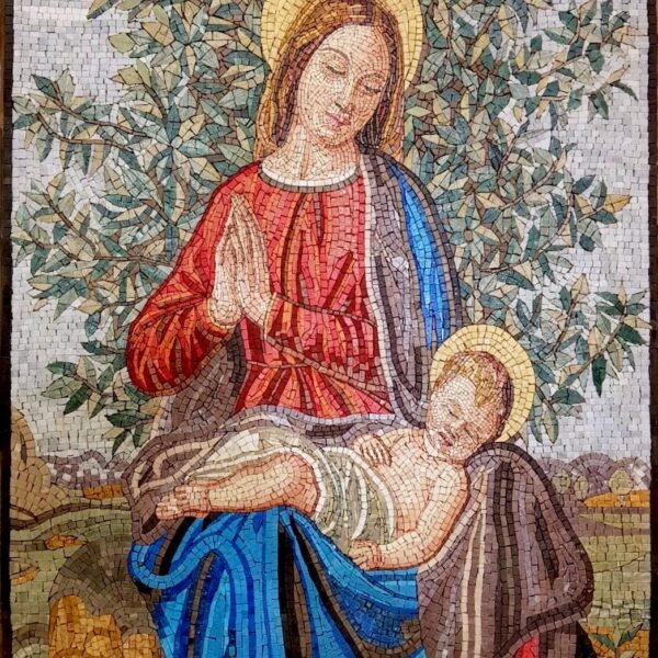 Madonna and Child Mosaic - Religious Wall Art - Natural Stone Mosaic - Handmade Tile Art - Christian Crowned Icon - Any Size - Chapel Decor
