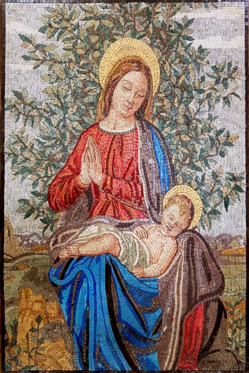 Madonna and Child Mosaic - Religious Wall Art - Natural Stone Mosaic - Handmade Tile Art - Christian Crowned Icon - Any Size - Chapel Decor