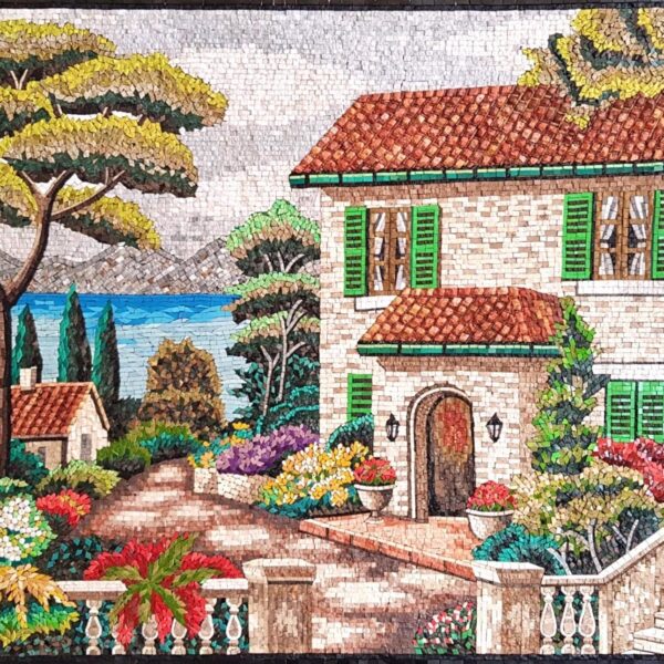Mediterranean Villa Garden Mosaic - Natural Stone & Marble - Unique Home Decoration - Custom Sizes - Handmade Mosaic Tile Art, Vibrant color