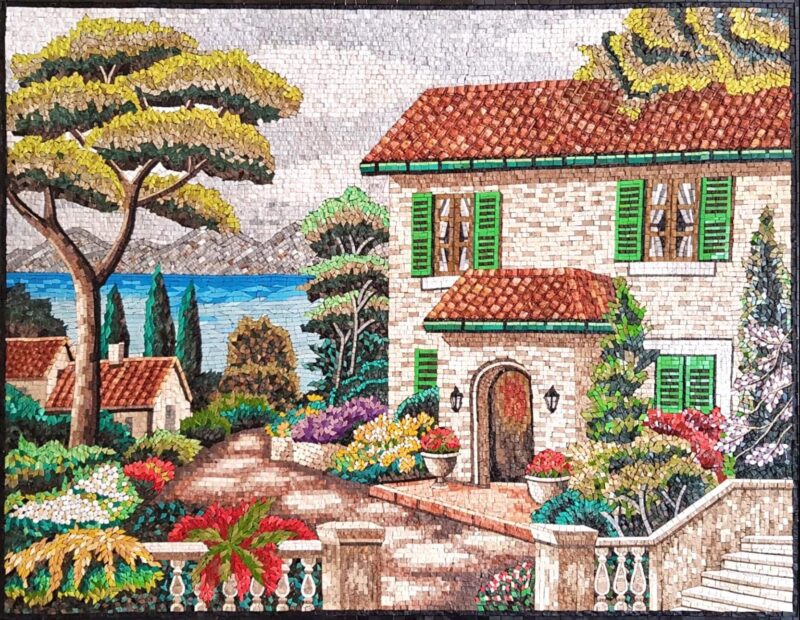 Mediterranean Villa Garden Mosaic - Natural Stone & Marble - Unique Home Decoration - Custom Sizes - Handmade Mosaic Tile Art, Vibrant color