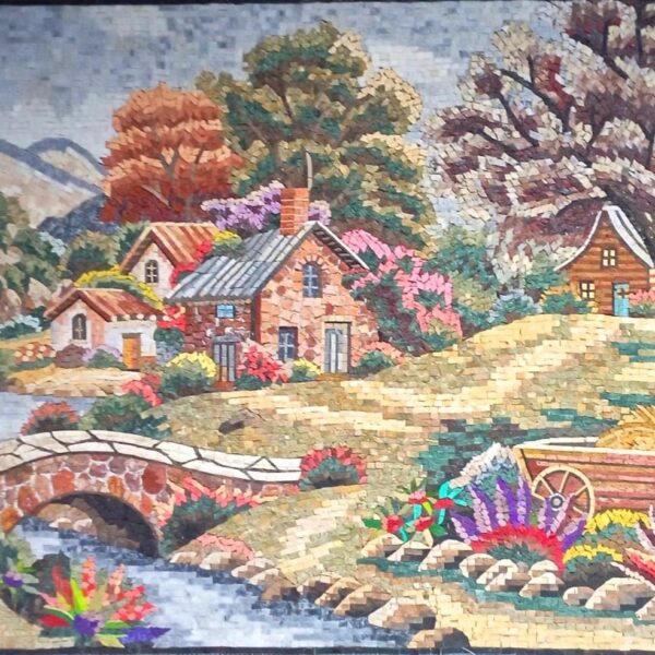 Rustic Countryside Mosaic Wall Art - Stone & Marble - Cottage and Flower Landscape Scene - Custom Sizes - Handmade Tile Art - Vibrant colors