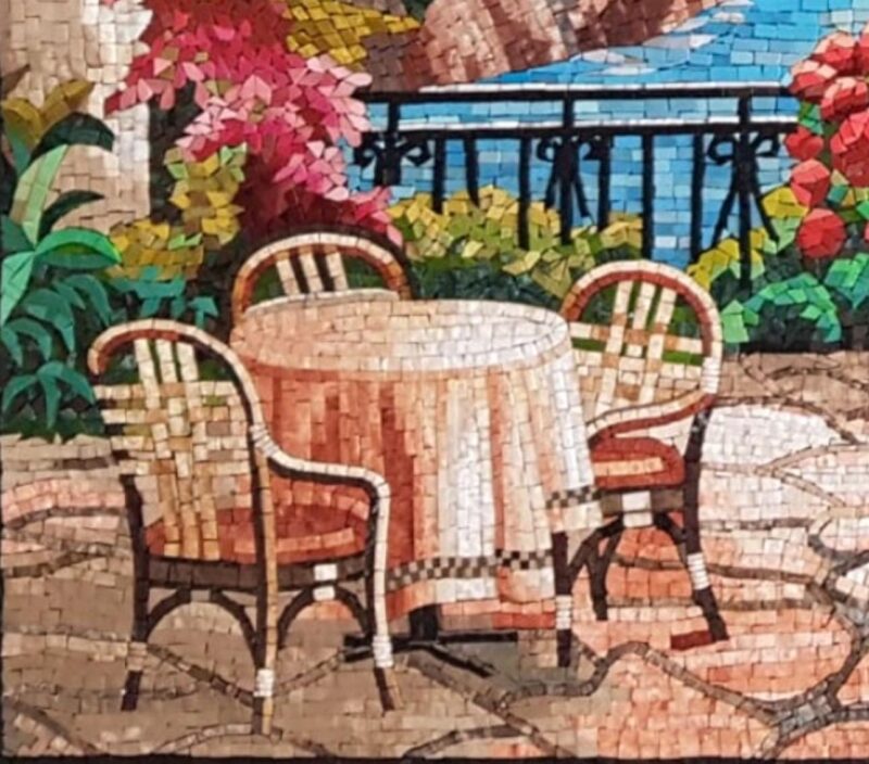 Mediterranean Coastal Terrace Mosaic - Luxury Handmade Wall Art - Marble & Stone - Custom Sizes - European Villa with Vibrant Flowers - Image 2
