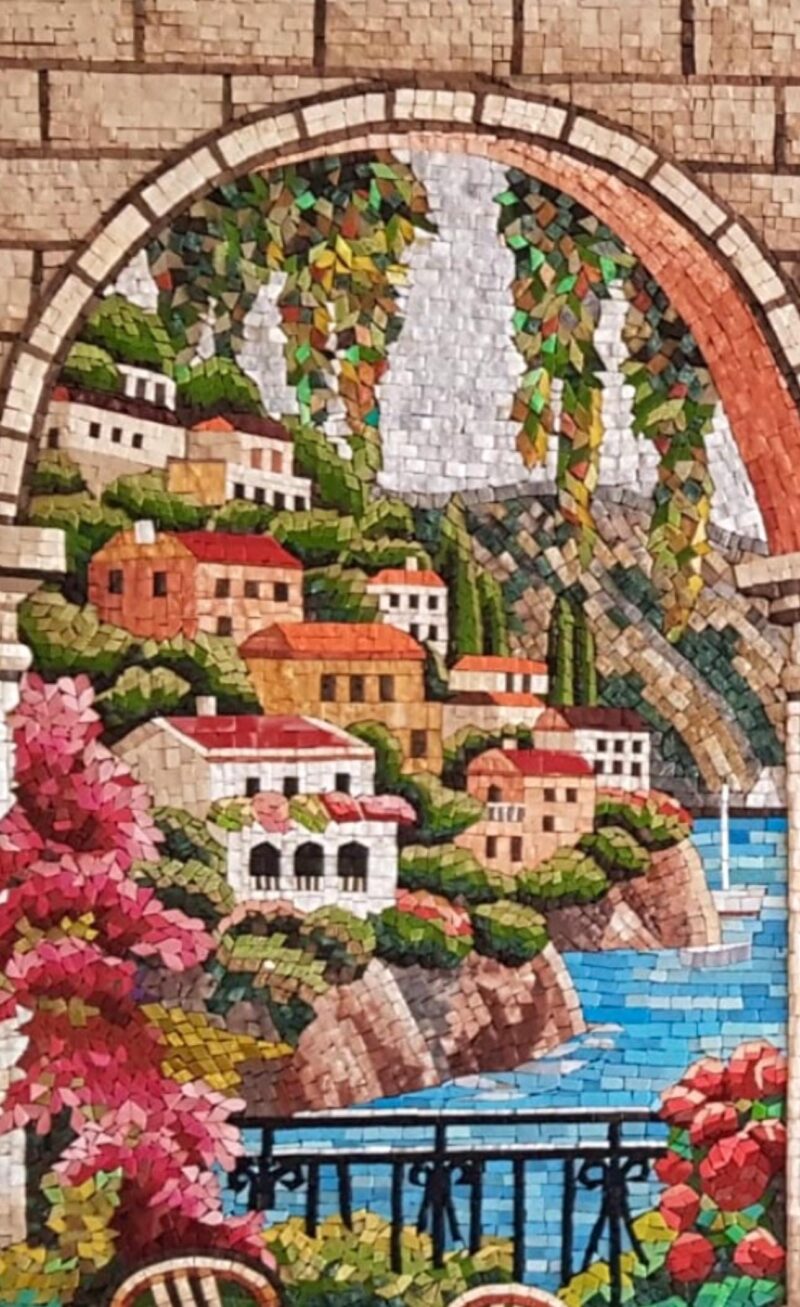 Mediterranean Coastal Terrace Mosaic - Luxury Handmade Wall Art - Marble & Stone - Custom Sizes - European Villa with Vibrant Flowers - Image 5