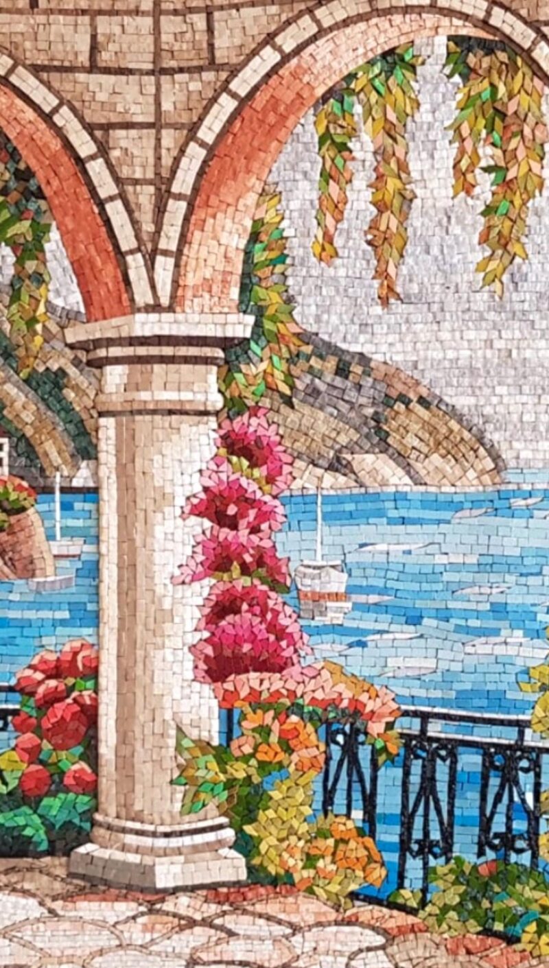 Mediterranean Coastal Terrace Mosaic - Luxury Handmade Wall Art - Marble & Stone - Custom Sizes - European Villa with Vibrant Flowers - Image 7