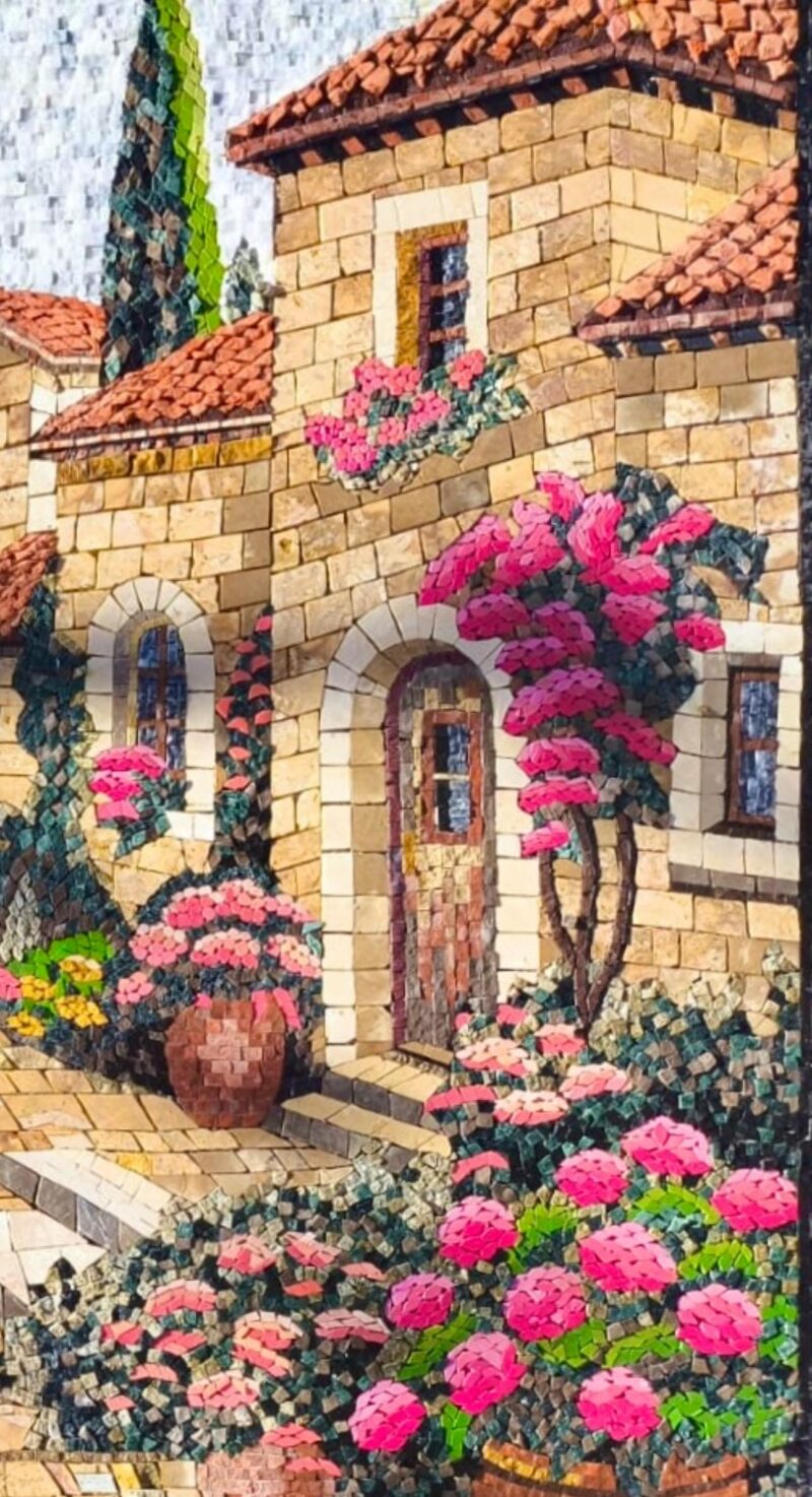 Mediterranean Courtyard Mosaic Wall Art – Luxury Handmade Marble & Stone Artwork - Italian Coastal Village - Seaview Decor - Custom Sizes - Image 7