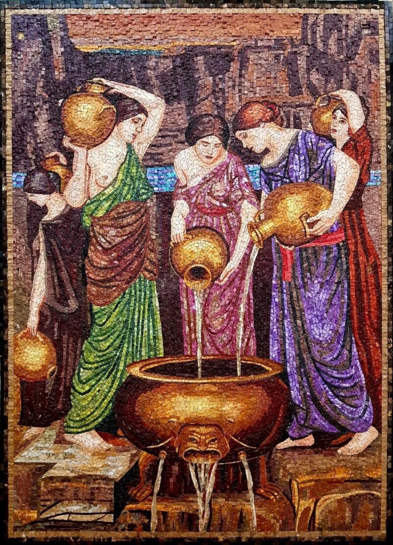 Women at the Fountain Mosaic Wall Art - Handmade Marble & Stone Classical Artwork - Ancient Greek Roman Style Wall Mural - Sizes Available