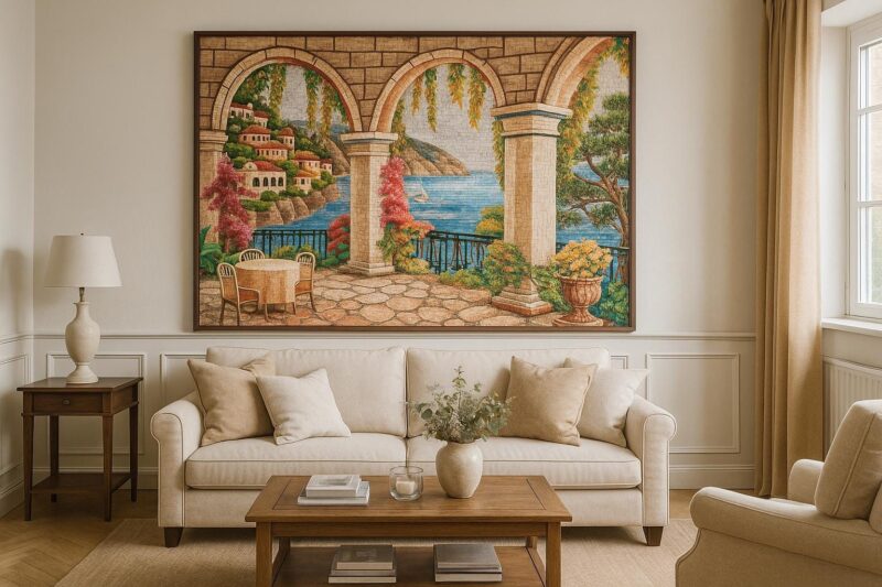 Mediterranean Coastal Terrace Mosaic - Luxury Handmade Wall Art - Marble & Stone - Custom Sizes - European Villa with Vibrant Flowers - Image 3