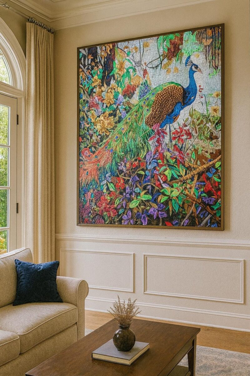 Peacock In Blooming Flowers Mosaic - Handcrafted Natural Stone - Marble Wall Art - Luxury Bird Artwork - Indoor/Outdoor - Vibrant Colors - Image 2