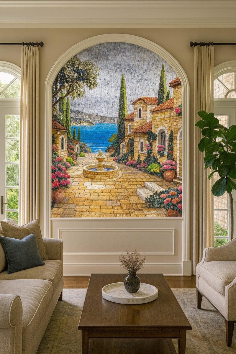 Mediterranean Courtyard Mosaic Wall Art – Luxury Handmade Marble & Stone Artwork - Italian Coastal Village - Seaview Decor - Custom Sizes - Image 2