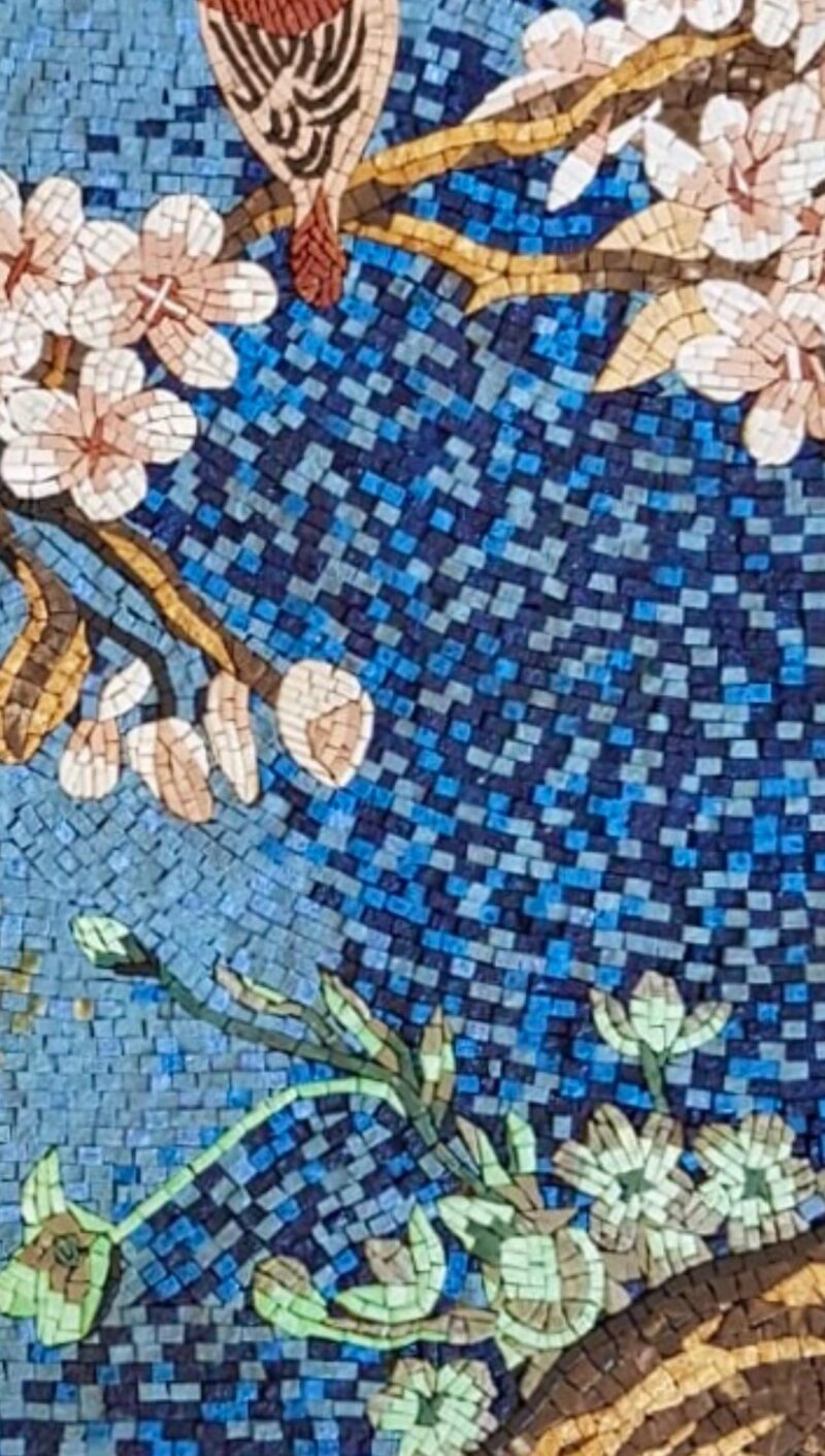 Handmade Stone Mosaic Wall Art - Birds and Blossoms on Blue Sky - Colorful Unique Design - Home Decoration - Custom Size Mosaic Tile Art - Image 4