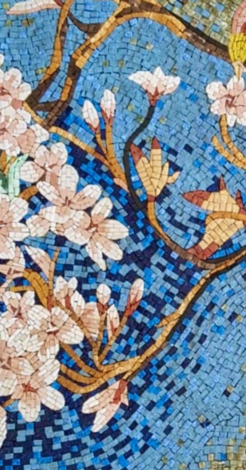 Handmade Stone Mosaic Wall Art - Birds and Blossoms on Blue Sky - Colorful Unique Design - Home Decoration - Custom Size Mosaic Tile Art - Image 3