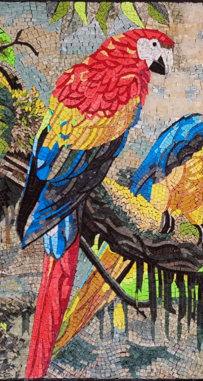Handmade Parrot Mosaic Wall Art - Tropical Macaw Birds in Jungle | Colorful Stone & Marble Mosaic | Exotic Nature-Inspired Decor | Any Size - Image 2