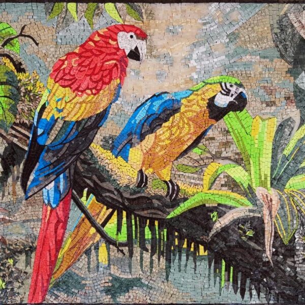Handmade Parrot Mosaic Wall Art - Tropical Macaw Birds in Jungle | Colorful Stone & Marble Mosaic | Exotic Nature-Inspired Decor | Any Size