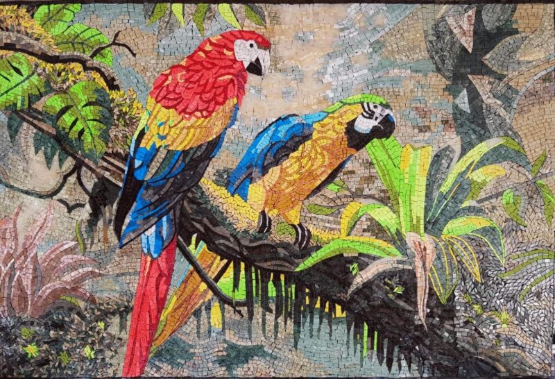 Handmade Parrot Mosaic Wall Art - Tropical Macaw Birds in Jungle | Colorful Stone & Marble Mosaic | Exotic Nature-Inspired Decor | Any Size