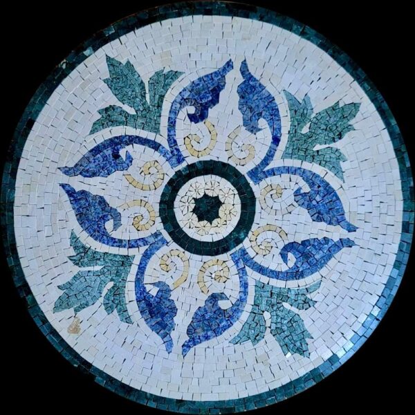 Blue and Green Floral Medallion Stone Mosaic - Handcrafted Round Tile Artwork for Floors & Walls, Classic Decorative Marble Inlay, Any Size