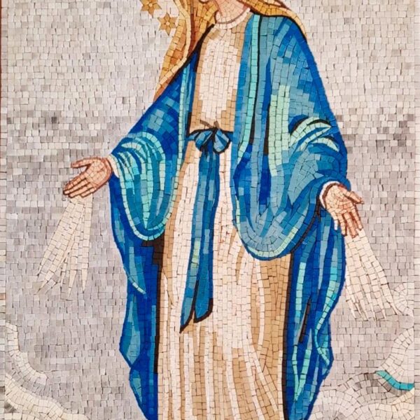 Blessed Virgin Mary with Stars & Roses - Religious Mosaic Wall Art - Handmade from Marble and Stone Tiles - Christian Home Decor - Any Size
