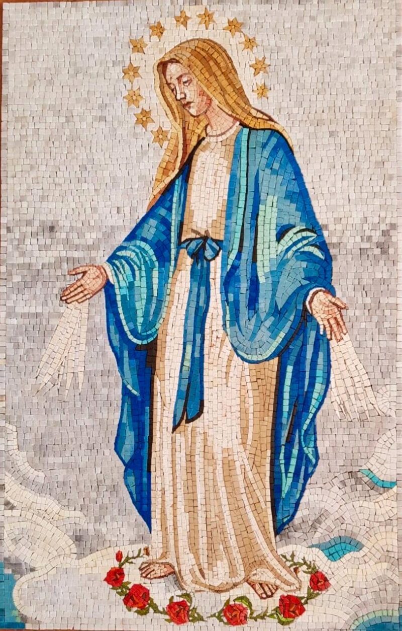 Blessed Virgin Mary with Stars & Roses - Religious Mosaic Wall Art - Handmade from Marble and Stone Tiles - Christian Home Decor - Any Size