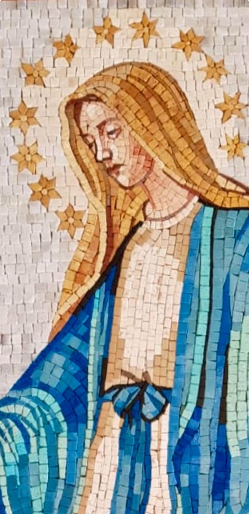 Blessed Virgin Mary with Stars & Roses - Religious Mosaic Wall Art - Handmade from Marble and Stone Tiles - Christian Home Decor - Any Size - Image 2