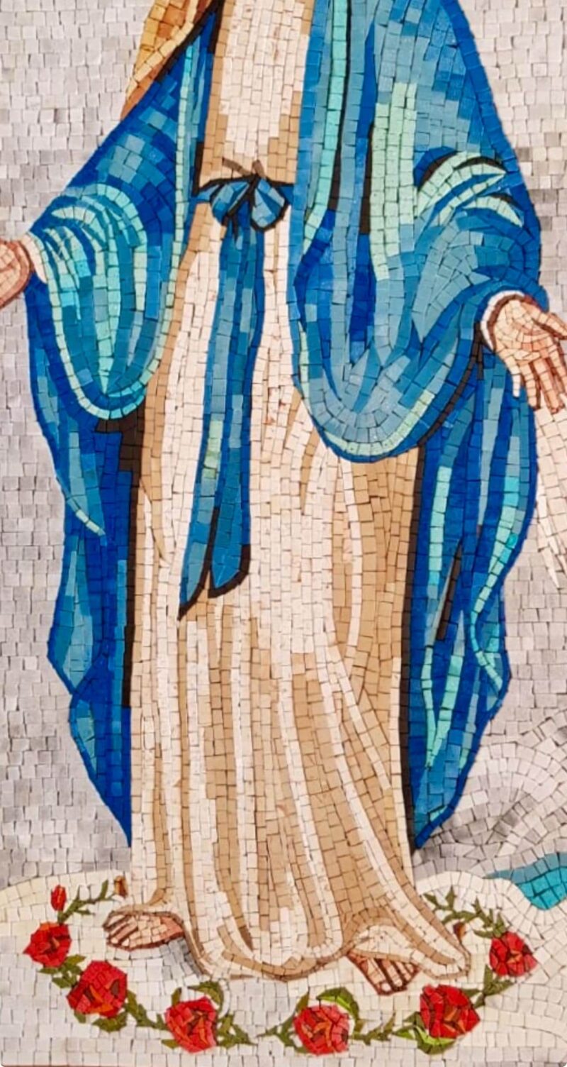 Blessed Virgin Mary with Stars & Roses - Religious Mosaic Wall Art - Handmade from Marble and Stone Tiles - Christian Home Decor - Any Size - Image 3