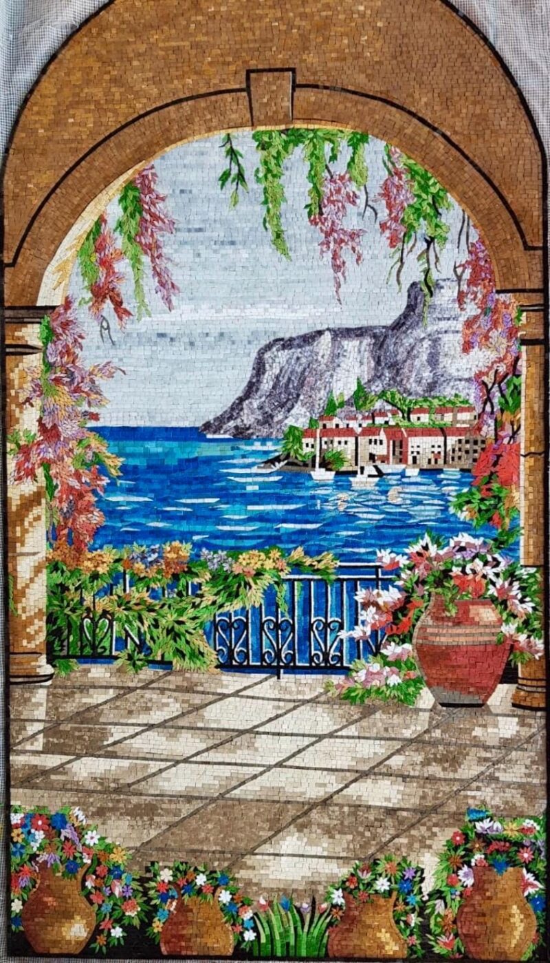 Handmade Stone Mosaic Wall Art - Mediterranean Seaside View Through Archway - Luxury Villa & Home Decor - Stone and Marble - Custom Sizes