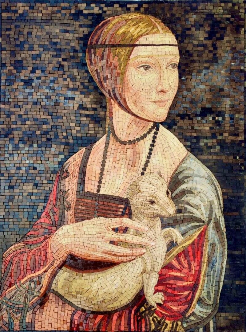 Handmade Mosaic of Lady with an Ermine - Leonardo da Vinci Inspired Stone Artwork, Renaissance Wall Art, Luxury Classical Decor - Any Size