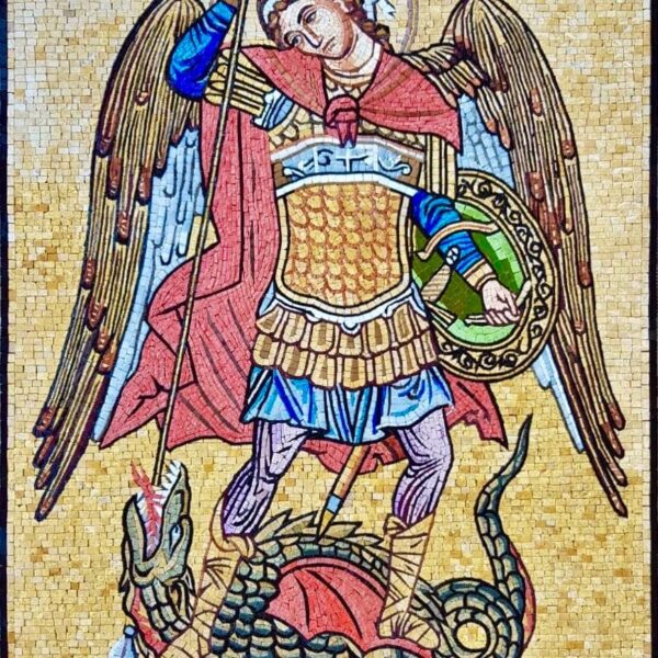 Handmade Saint Michael the Archangel Mosaic - Religious Stone Wall Art - Christian Icon of St. Michael Defeating the Dragon - Custom Sizes