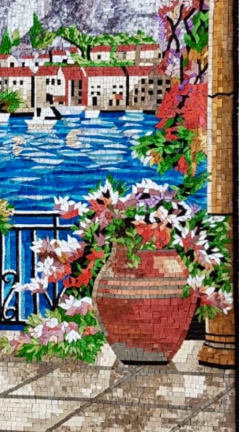 Handmade Stone Mosaic Wall Art - Mediterranean Seaside View Through Archway - Luxury Villa & Home Decor - Stone and Marble - Custom Sizes - Image 7