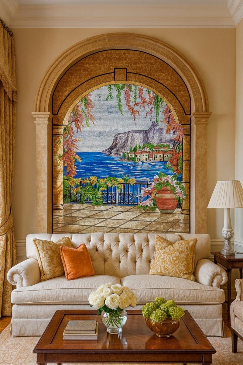 Handmade Stone Mosaic Wall Art - Mediterranean Seaside View Through Archway - Luxury Villa & Home Decor - Stone and Marble - Custom Sizes - Image 2
