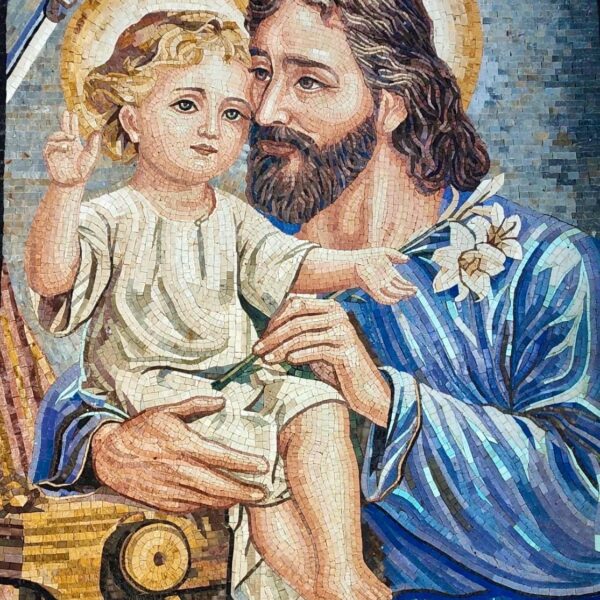 Saint Joseph and Child Jesus - Handmade Wall Decor - Natural Stone & Marble - Christian Art - Custom Size - Mosaic Tile Art -Creative Design