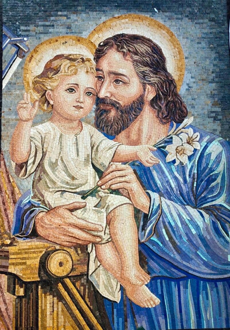 Saint Joseph and Child Jesus - Handmade Wall Decor - Natural Stone & Marble - Christian Art - Custom Size - Mosaic Tile Art -Creative Design