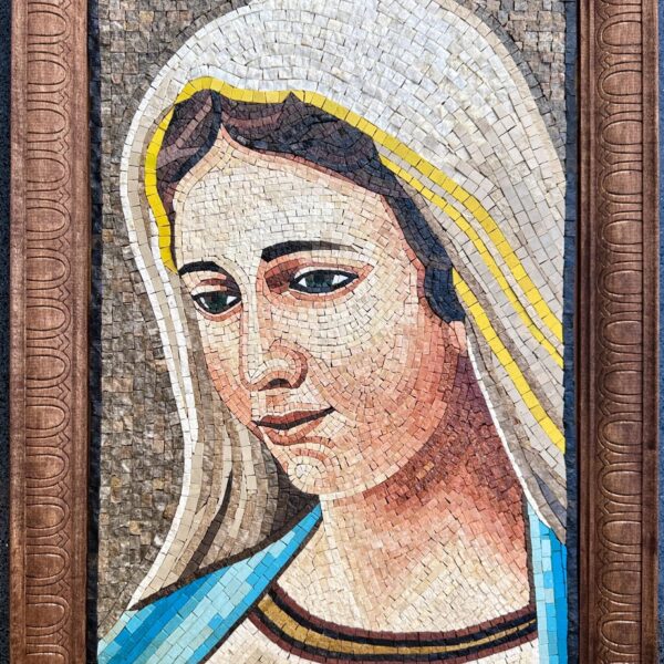 FRAMED Handmade Stone Mosaic of Virgin Mary - Religious Wall Art, Christian Icon, Sacred Home Decor