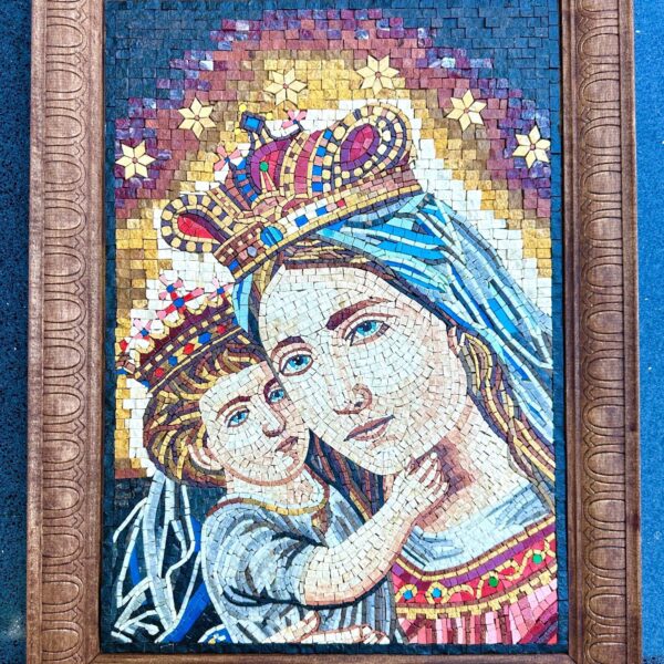 Madonna & Child Mosaic WITH FRAME - Handmade Religious Wall Art, Virgin Mary and Baby Jesus Icon, Stone and Marble