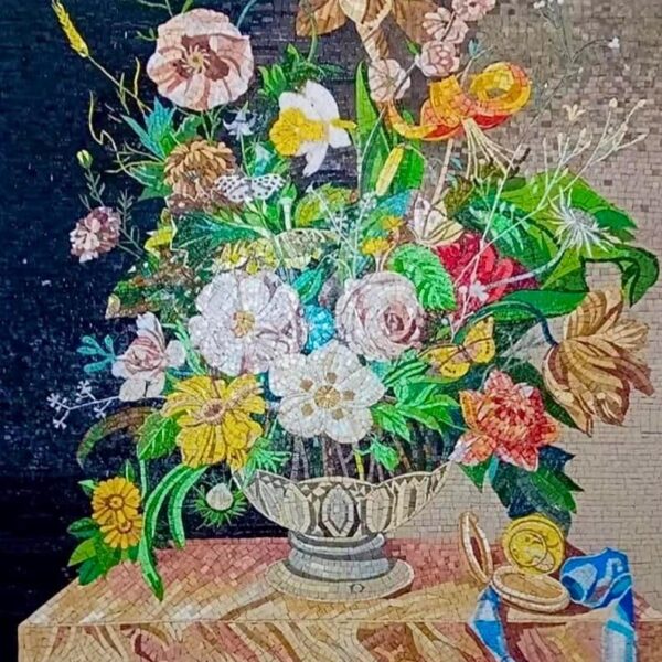 Elegant Flower Vase Stone Mosaic - Handcrafted Floral Arrangement Wall Art - Luxury Home Decor - Unique Design - Vibrant Colors